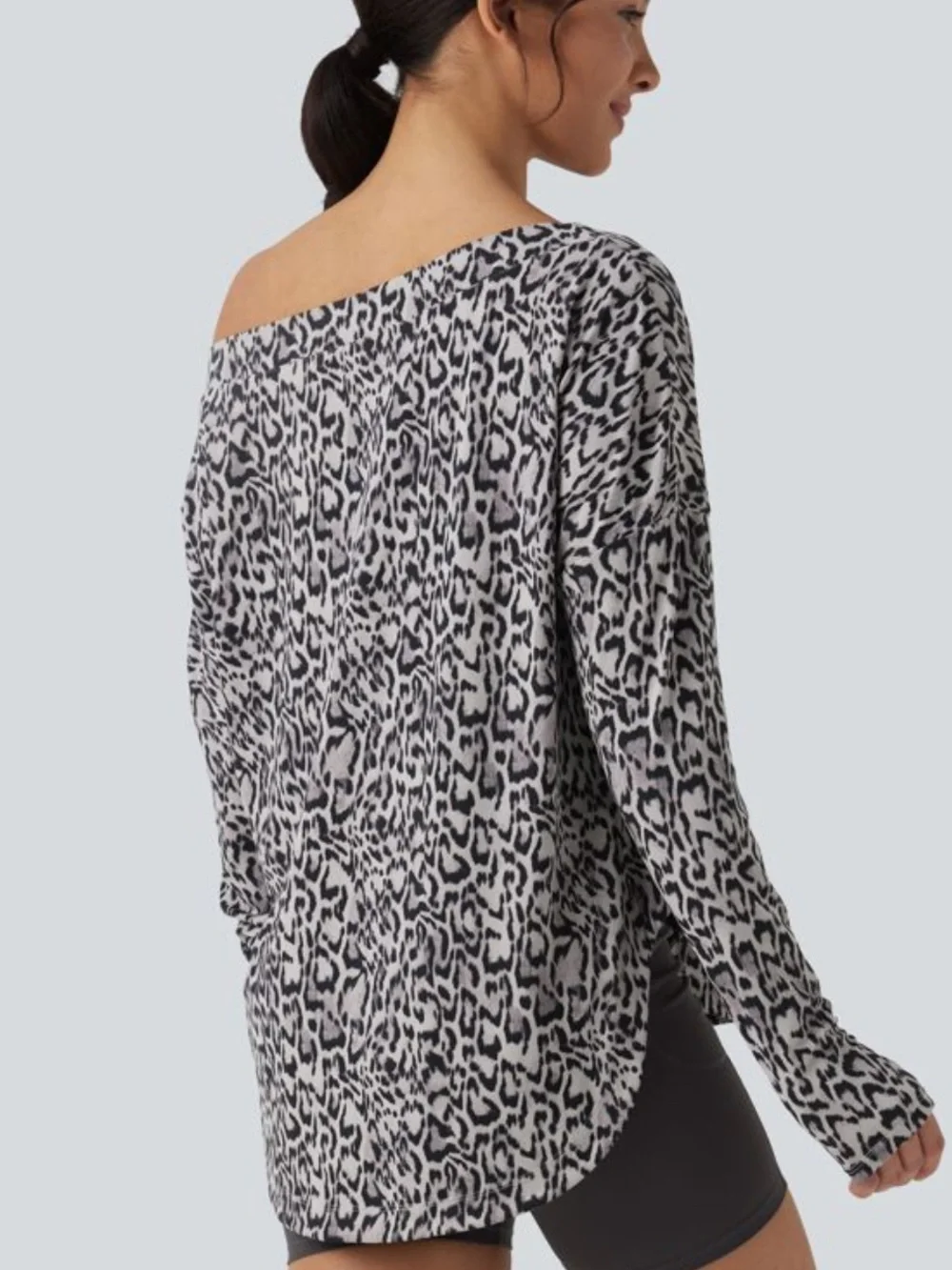 Halara Off-Shoulder Leopard Print Long-Sleeve Sweater - Gray